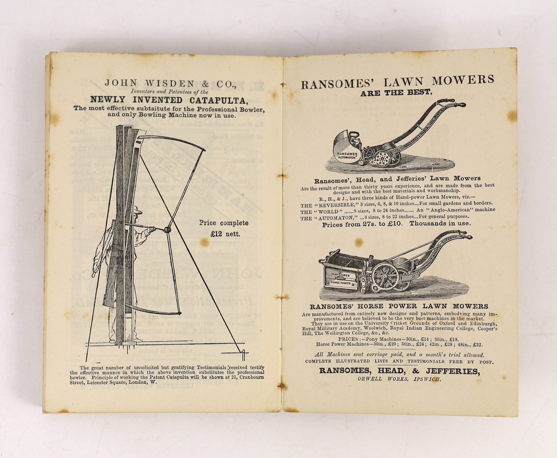 Wisden, John - Cricketers’ Almanack for 1883, 20th edition, original paper wrappers, spotting to early advertisements, title, endpapers and page edges.